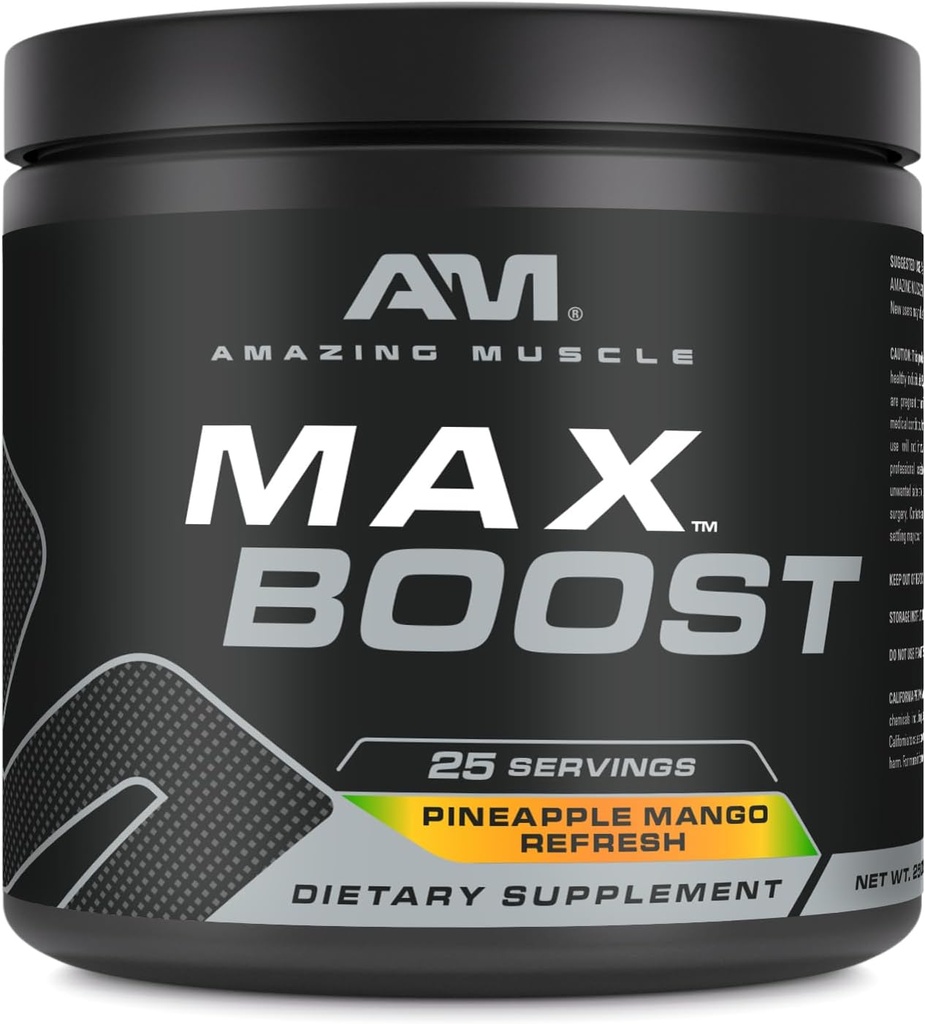 שריר מדהים מקס Boost | 25 משרתים | Intense Pre-Workout תוספת לגברים ונשים | מכיל Creatine Monohydrate, Caffeine, Beta-Alanine, Betaine (25 משרתים, Pineapple מנגו)