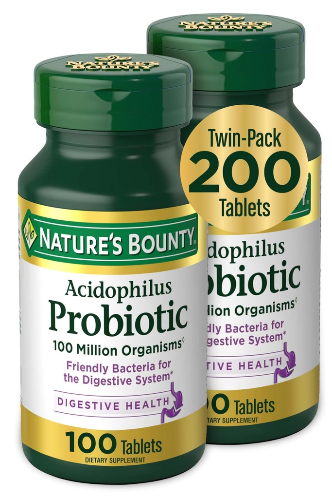 Nature's Bounty Acidophilus Probiotic, Daily Probiotic Supplement, Digestive Health, 200 טבליות, Twin Pack