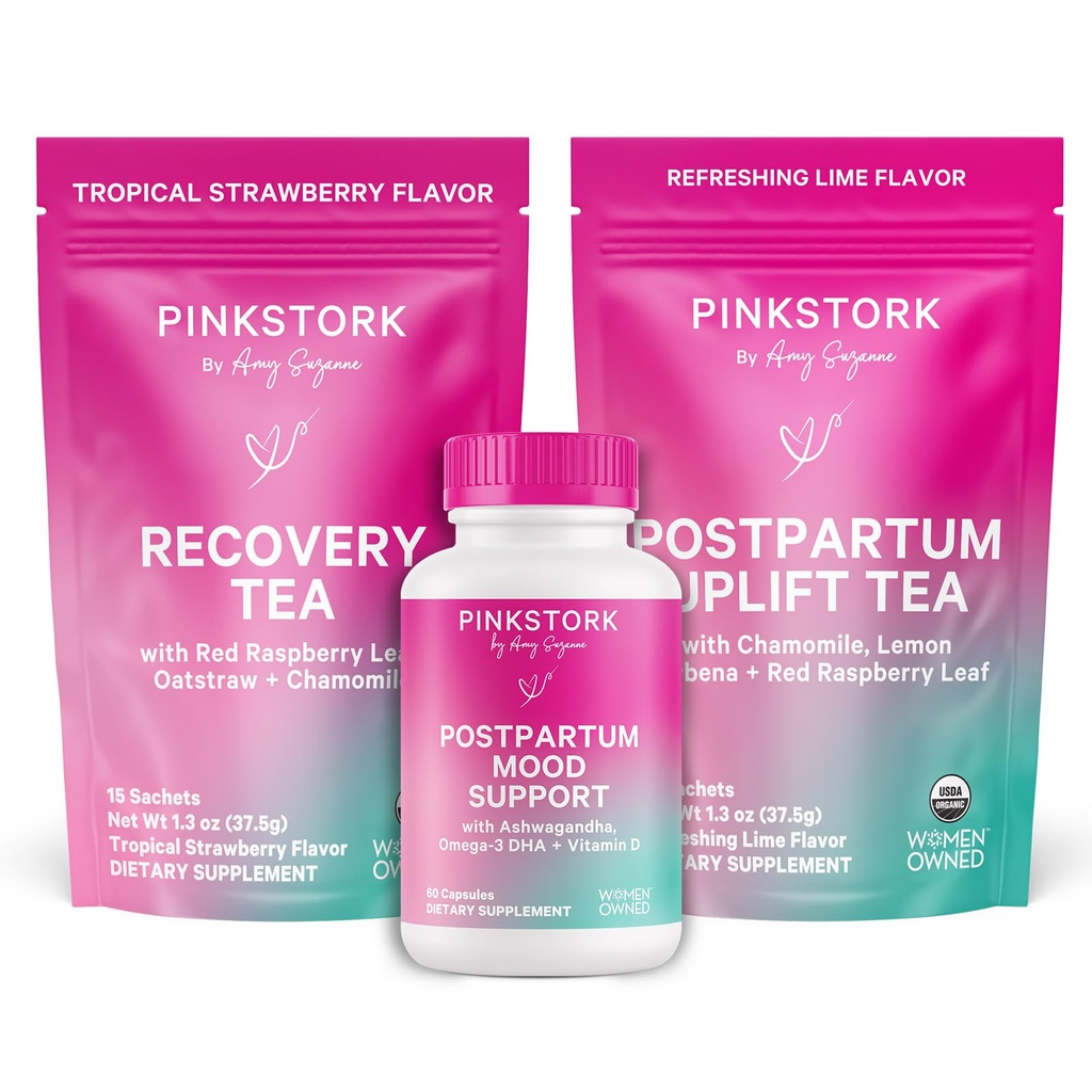Pink Stork Postpartum Essentials Kit – Hormone Balance, Recovery & Mood Support for New Moms – Postnatal Vitamins Ashwagandha + Herbal Teas for Stress Relief, Energy, Sleep – Gift Set – Vegan, Organic