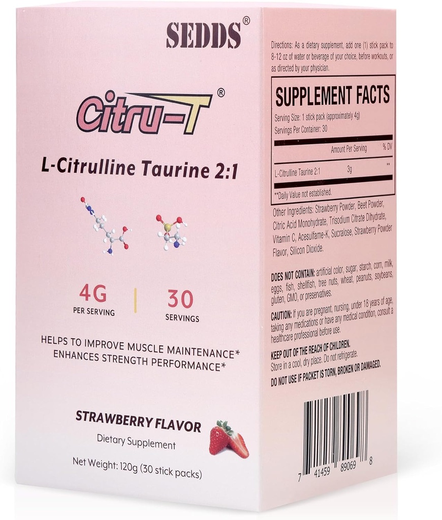 L-Citrulline Turine 2:1, Strawberry-Flavored L Citrulline אבקה Citrulline תוספי מזון, אבקת טאורין טבעוני, Caffeine חינם, Gluten חינם, 30 Pack