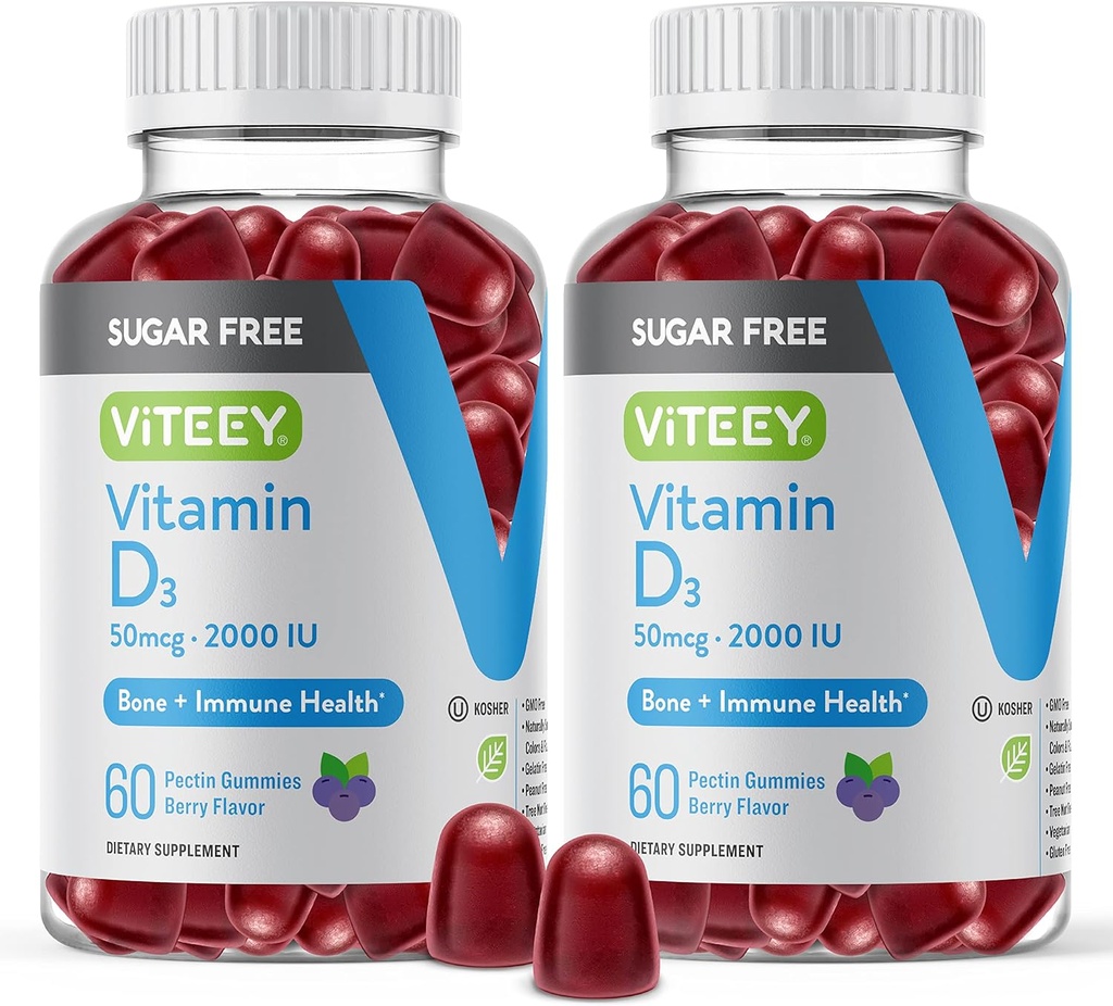 Viteey ויטמין D3 Gummies for Adults & Teens - 2,000 IU, 50mcg - Sugar Free, Bone, Joint & שריר בריאות, Immune Boost - Vegetarian, Gelatin חינם, GMO חינם - Tasty Chewable Brad Flavored Gummy