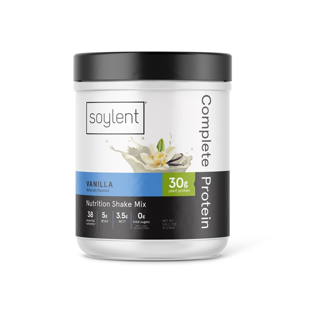Soylent מלא אבקת חלבון, וניל, 30g חלבון שקד עבור צמיחה שרירים ושיקום, BCAAs, DHA, MCT, 28 ויטמינים ומינרלים, Zero Sugar, Gluten Free, טבעוני - 1.25lb