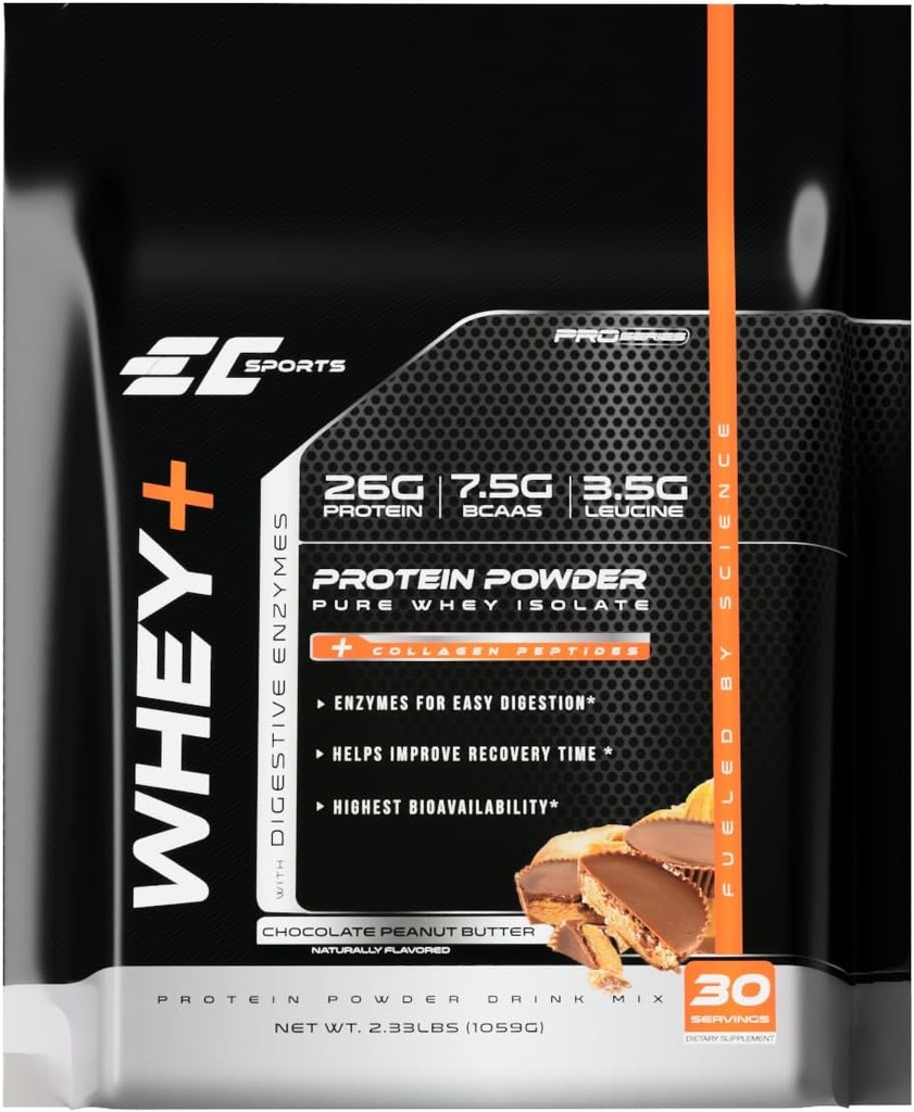 EC Sports Whey+ אבקת חלבון, שוקולד Peanut Butter Mix w/Digestive Enzymes - Isolate תוסף, Collagen Peptides w/Swift Reform - 30 משרתים
