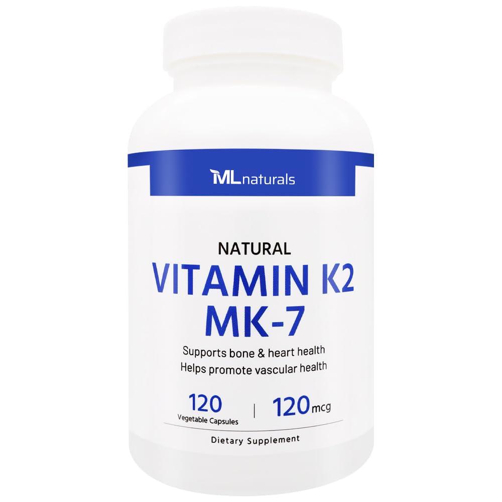 ML Naturals Naturals ויטמין K2 MK-7 120 mcg 120 קפסולות ירקות. MK 7/9 (99% All-Trans MK-7. תומך ב- Bone & Heart Health, מסייע לקדם בריאות וחילונית, NSF-Certified & cGMP-Compliant.