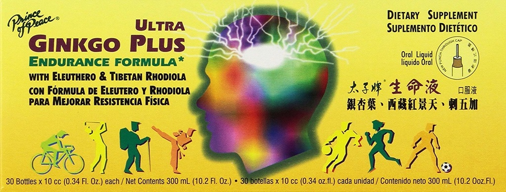 הנסיך של Peace Ultra גינקו פלוס, 30 בקבוקים, 0.34 fl. oz. כל אחד - Brain Boost תוסף - תמיכה בסגנון חיים פעיל - גינקו בילובה עבור Endurance