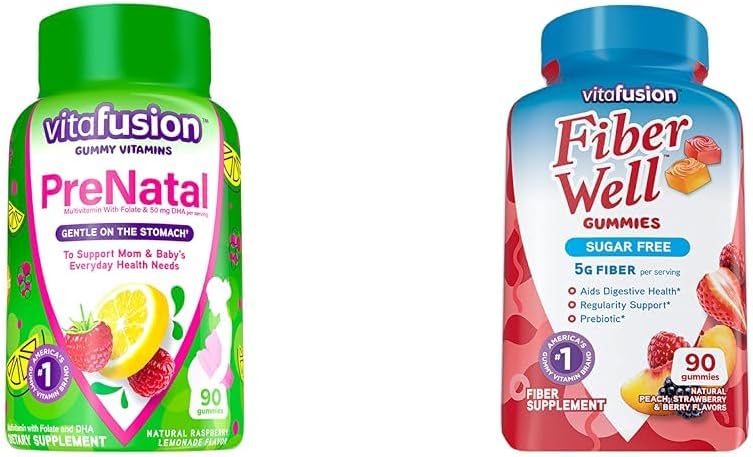 Vitafusion PreNatal Gummy ויטמינים, Raspberryade Flavored, ויטמינים הריון לנשים & סיבים טוב סוכר חינם סיבים, Peach, Strawberry ו BlackBerry Flavored