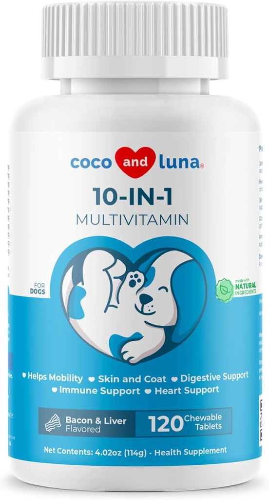 10 ב 1 Multivitamin לכלבים - 120 טבליות Chewable עם Glucosamine ו Chondroitin - שמן דגים וויטמינים עם Coq10 לבריאות העור והלב, Gut & Immune תמיכה תמיכה