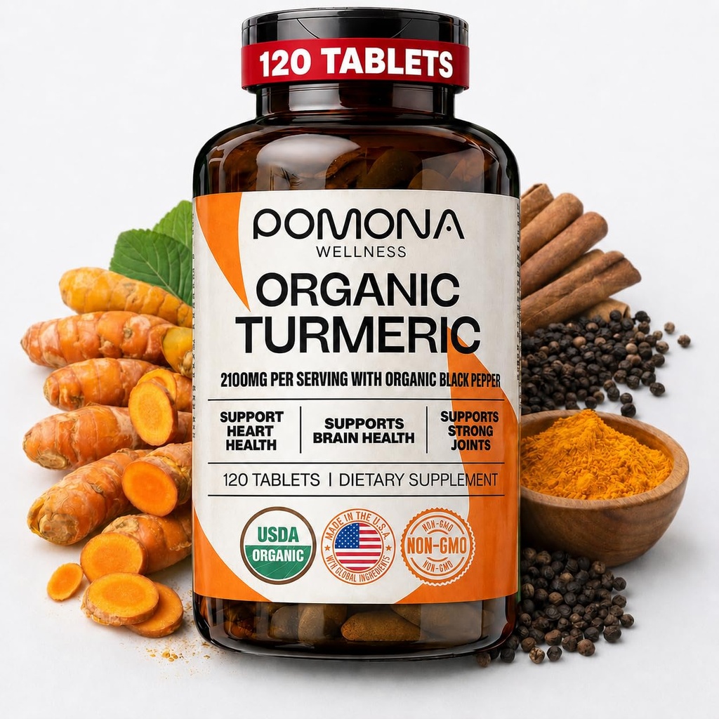 Pomona Wellness Turmeric תוסף 2100 מ"ג, USDA אורגני, non-GMO, טבעוני, Turmeric Curcumin עם Black Pepper עבור Absorption, עבור תמיכה משותפת ותחמושת, 120 טבליות