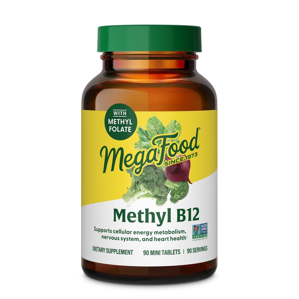 Mega Food Methyl B12 - טבעוני - כולל Methyl Folate, ויטמין B12 & B6 - תמיכה בייצור אנרגיה סלולרית, מערכת העצבים & Cardiovascular function - 90 טבליות