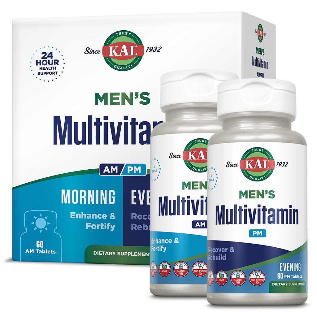 KAL Men's Multivitamin AM/PM, Antioxidants Supplement, שריר, Immune, Electrolyte Balance, Total Wellness Support, Made Without GMOs ו Soy, טבעוני, 30 משרתים, 120 טבליות