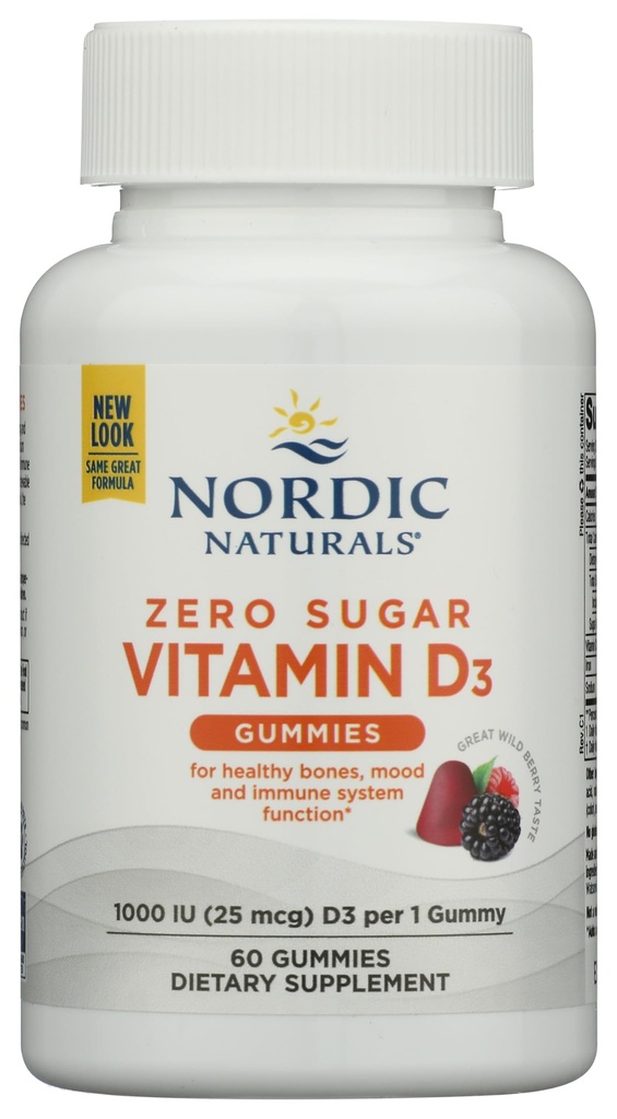 Nordic Naturals Zero Sugar ויטמין D3 Gummies, Wild Berry - 60 חניכיים - 1000 IU ויטמין D3 - טעם גדול - עצמות בריאות, Mood & Immune System Function - Non-GMO - 60 משרתים