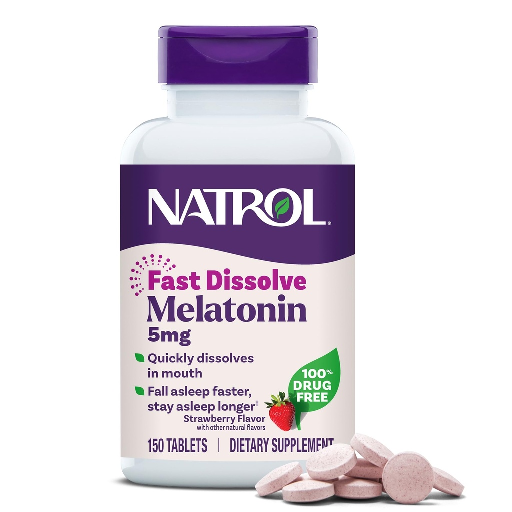 Natrol Melatonin 5 מ"ג טבליות מלוטשות מהירות, תוספי תמיכה בשינה למבוגרים, סטרוברי פלמור, 150 טבליות, עד 150 יום אספקה