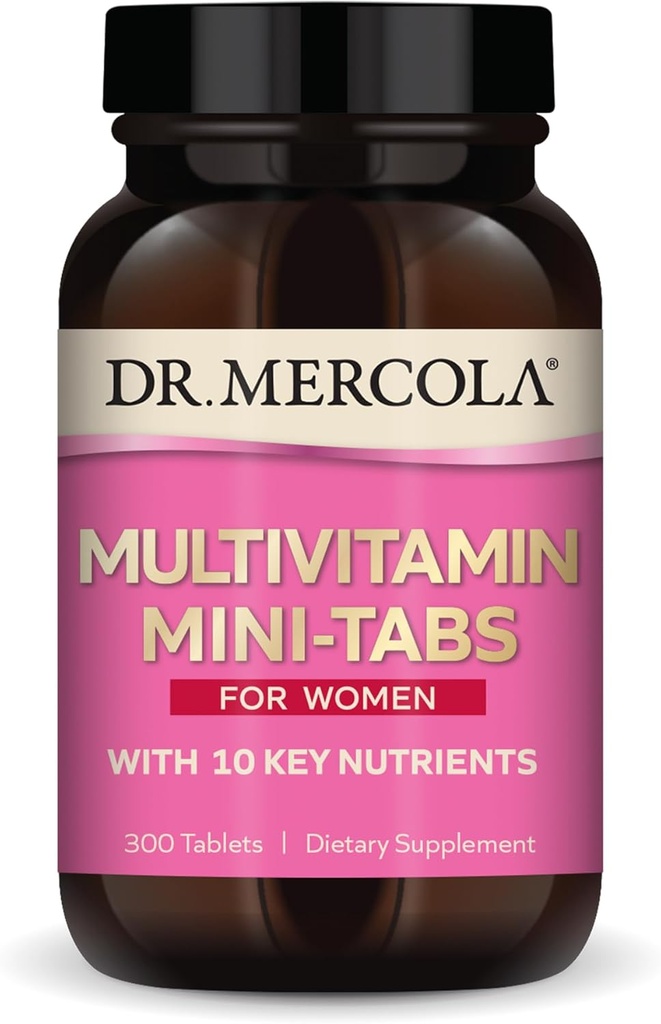 Dr. Mercola Multivitamin Mini-Tabs עבור נשים, 30 משרתות (300 טבליות), עם 10 חומרים מזינים מרכזיים, תומך בריאות נשים אופטימאלי, non-GMO
