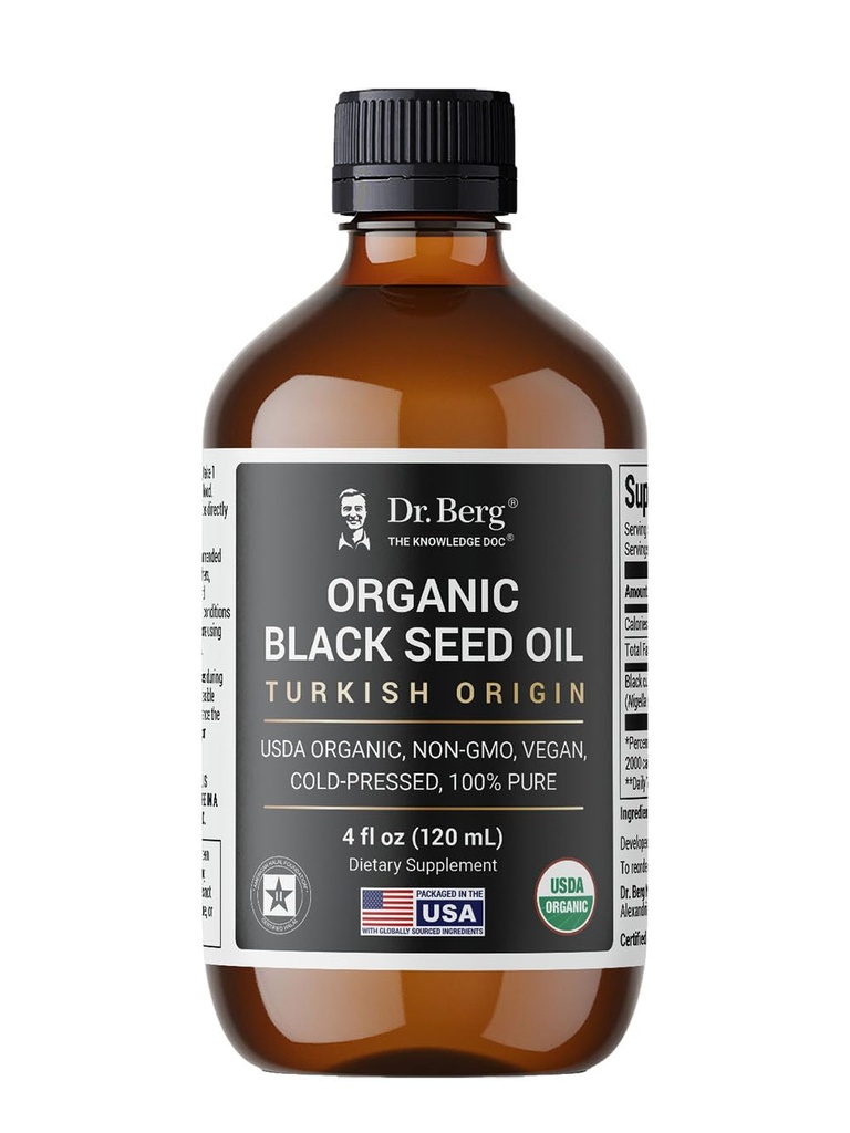 Dr. Berg Black Seed Oil Organic Cold Pressed - Pure Nigella Sativa Black Cumin Oil - USDA אורגני, Halal, טבעוני - עבור שיער, עור, תמיכה כספית - נוזל בלתי מחוספס - 4 oz זכוכית בקבוק