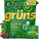 Gruns Adult Sugar-Free Super Greens Multivitamin Gummies, Superfood Gummy Vitamins for Women and Men with Spirulina, Chlorella, Adaptogens & Prebiotic Fiber for Digestive Health (28 Count)
