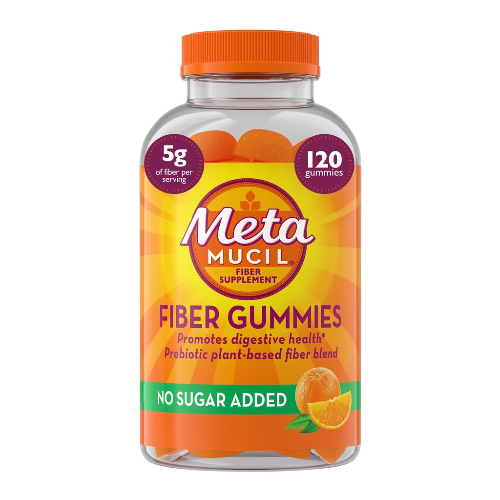 Metamucil סיבים חניכיים למבוגרים, No Sugar הוסיף Orange Flavor, 5g Prebiotic Plant Based סיבים תערובת, 120 Count