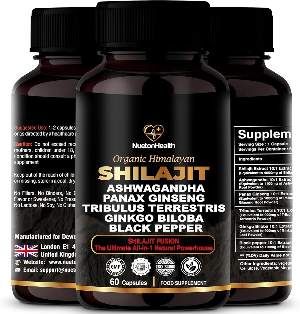 הקפסולות ההימלאיה Shilajit עם Ashwgandha, גיינסנג, Tribulus, Genekgo & Black Pepper - Vegan, Gluten-Free הבוטני ל-Daily Wellness & Vitality - 60 קפסולות