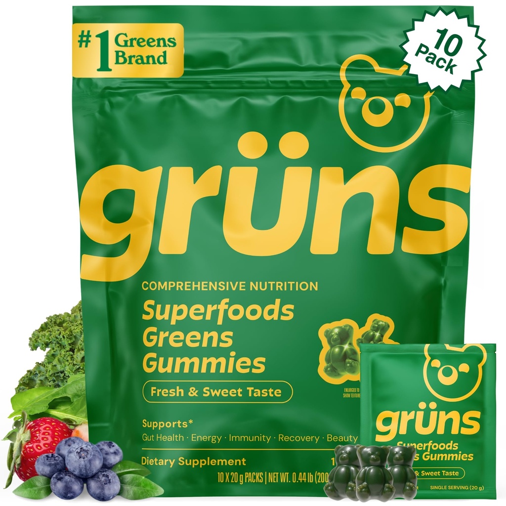 Garns Adults Super Greens Gummies, Multivitamin Super Gummy Bears, Spirulina, Chlorella, Prebiotics & סיבים חניכיים לבריאות העיכול, הסתגלות, תוספי מזון, 20 ויטמינים ומינרלים, 10 הרוזן ספירה