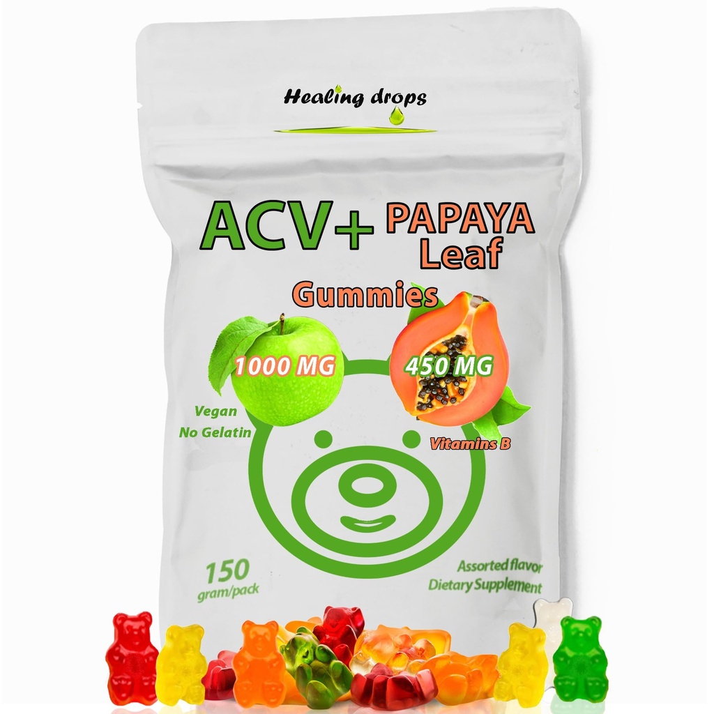 ACV Gummies & Papaya Leaf לחלץ חניכיים - Premium Potent Apple Cider Vinegar תוסף - Iodine Infused & ויטמינים B6 B12 - פלטות שיער & לב ידידותי (1, רגיל)