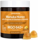 KINDNATURE Manuka Honey Class Gummies MGO 643+ - ניו זילנד Manuka דבש עם Zinc, ויטמין C, Elderberry - נוחות גרון ותמיכה החיסון - ילדים ומבוגרים