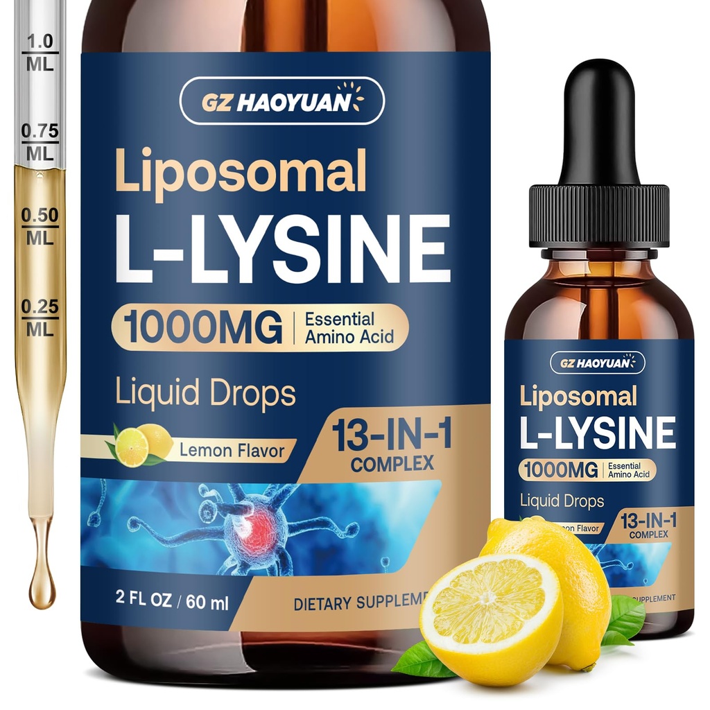 Liposomal L-lysine 1000MG נוזל טיפות, 13-in-1 Lysine תוספי - Monolaurin, אוליבץ עם ויטמין C, B6, D3, B12 & Zinc for Collagen, Lip, העור ותמיכה Immune לילדים ומבוגרים, 2oz Leaf Extract with Kids & Adults, 2oz