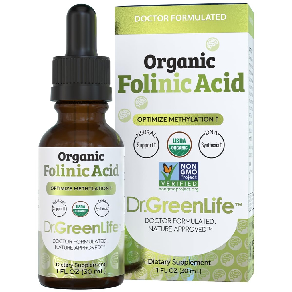 ד"ר גרין אמא USDA אורגני Folinic Acid Drops - 500 mcg per Drop | Methylation Support B9 תוסף לילדים ומבוגרים | תמיכה בתפקוד נוירולוגי, מערכת העצבים ודנ"א