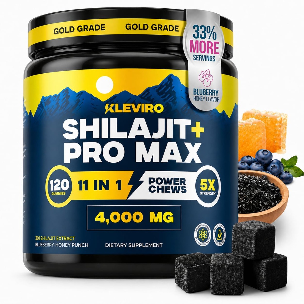 KLEVIRO 30:1 Shilajit חניכיים לגברים | 78% Fulvic Acid | 11-in-1 Complex with Ashwagandha, Tongkat Ali, Manuka Honey, Rhodiola, Lion's Mane | No added Sugar | GMP Certified & Lab Tested Tested Tested