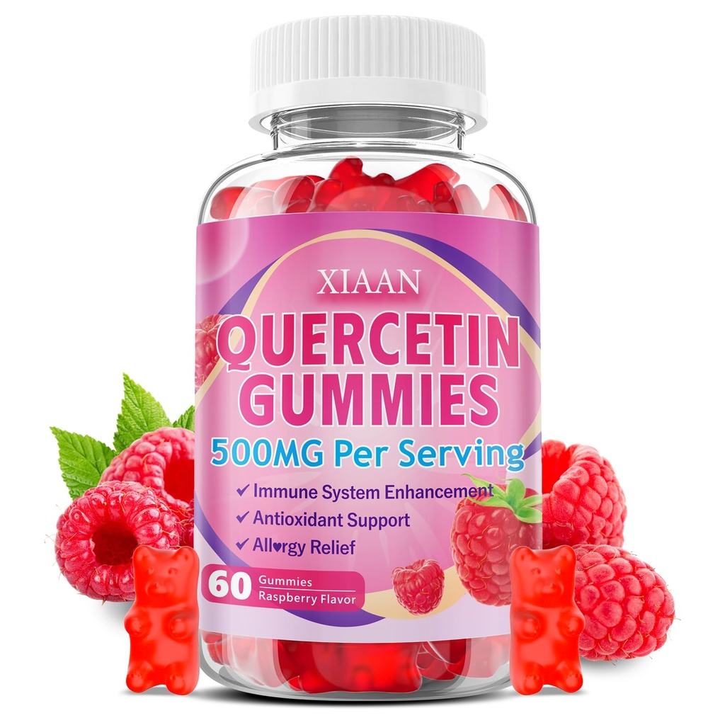 Quercetin Gummies 500 מ"ג לילדים ומבוגרים, תוספי Quercetin אורגני עם Bromelain Zinc ויטמין C ו D3 תמיכה אנטי-חמצן מערכת בריאות, Raspberry Flavor Count 60