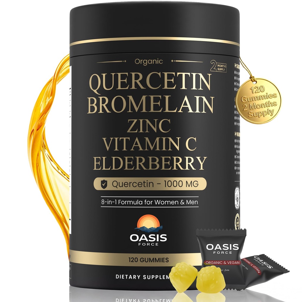8-in-1 Quercetin עם Bromelain Gummies 1000 מ"ג, High Potency Organic Quercetin תוספת עם Zinc & ויטמין C, Elderberry, Seasonal Wellness & Immune Support, טבעוני, סוכר חינם, 120 חניכיים