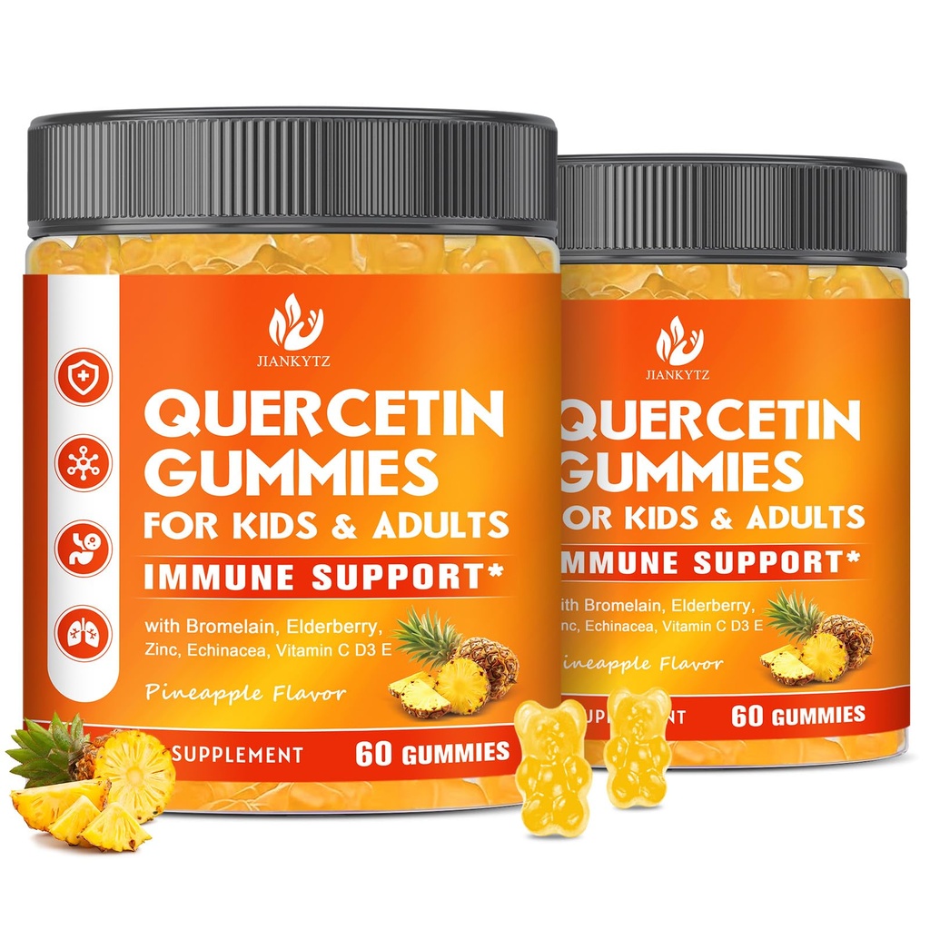 (2 Pack) סוכר חינם Quercetin עם Bromelain חניכיים לילדים ומבוגרים - Immune, Antioxidant, Seasonal Support, 1000 מ"ג Quercetin תוספתs עם Bromelain, Zinc, Elderberry, ויטמין C D3 E, 120 הרוזן