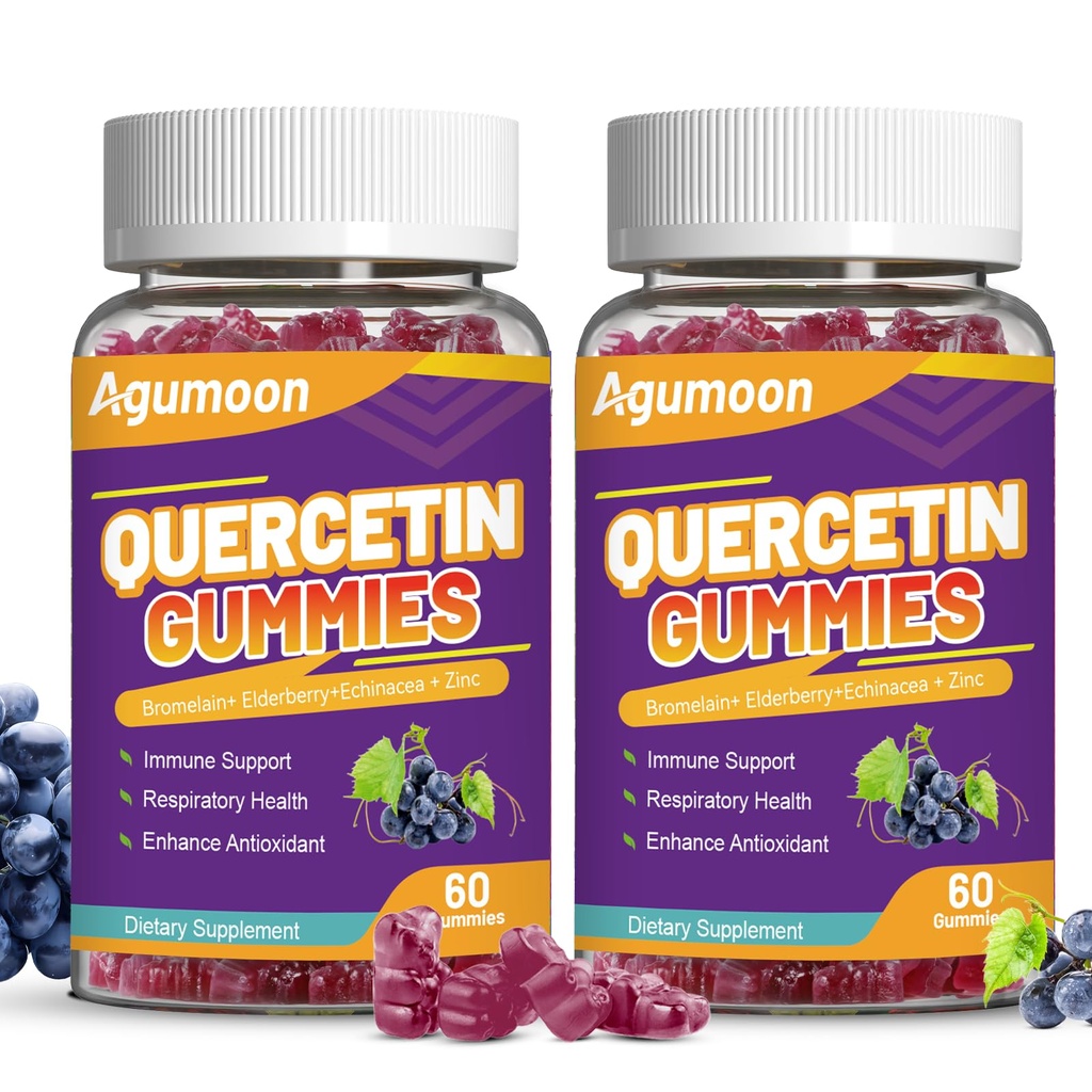 2 Pack Quercetin Gummies, 1000 מ"ג Quercetin עם Bromelain Zinc Elderberry, Immune & Antioxidant תמיכה, חניכיים טבעוניות למבוגרים וילדים, 120 הרוזן ספירה