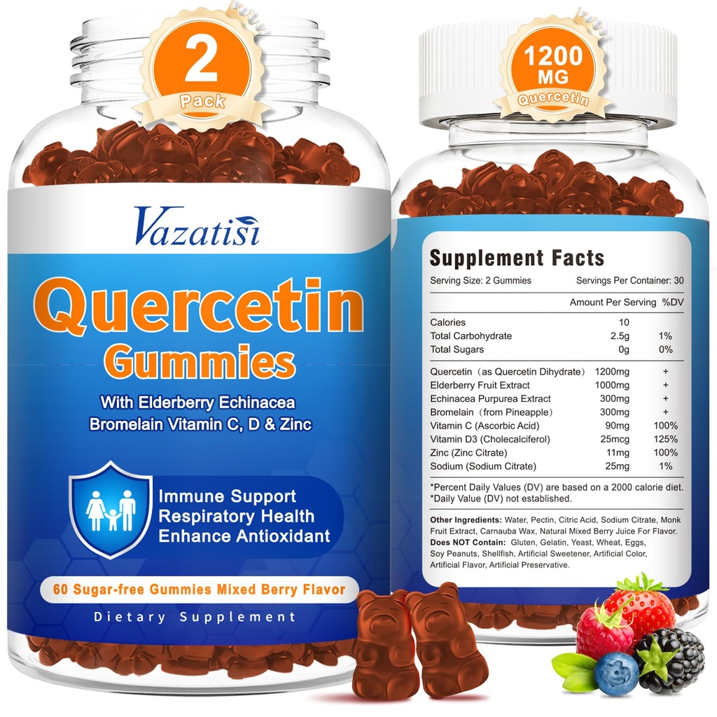 2 Pack Quercetin with Bromelain Gummies, Quercetin עם ויטמין C Zinc & Elderberry עבור Immune System & Allergy, Chewable & טבעוני מסטיקים, מעורב ברי פלפור 120 Cts