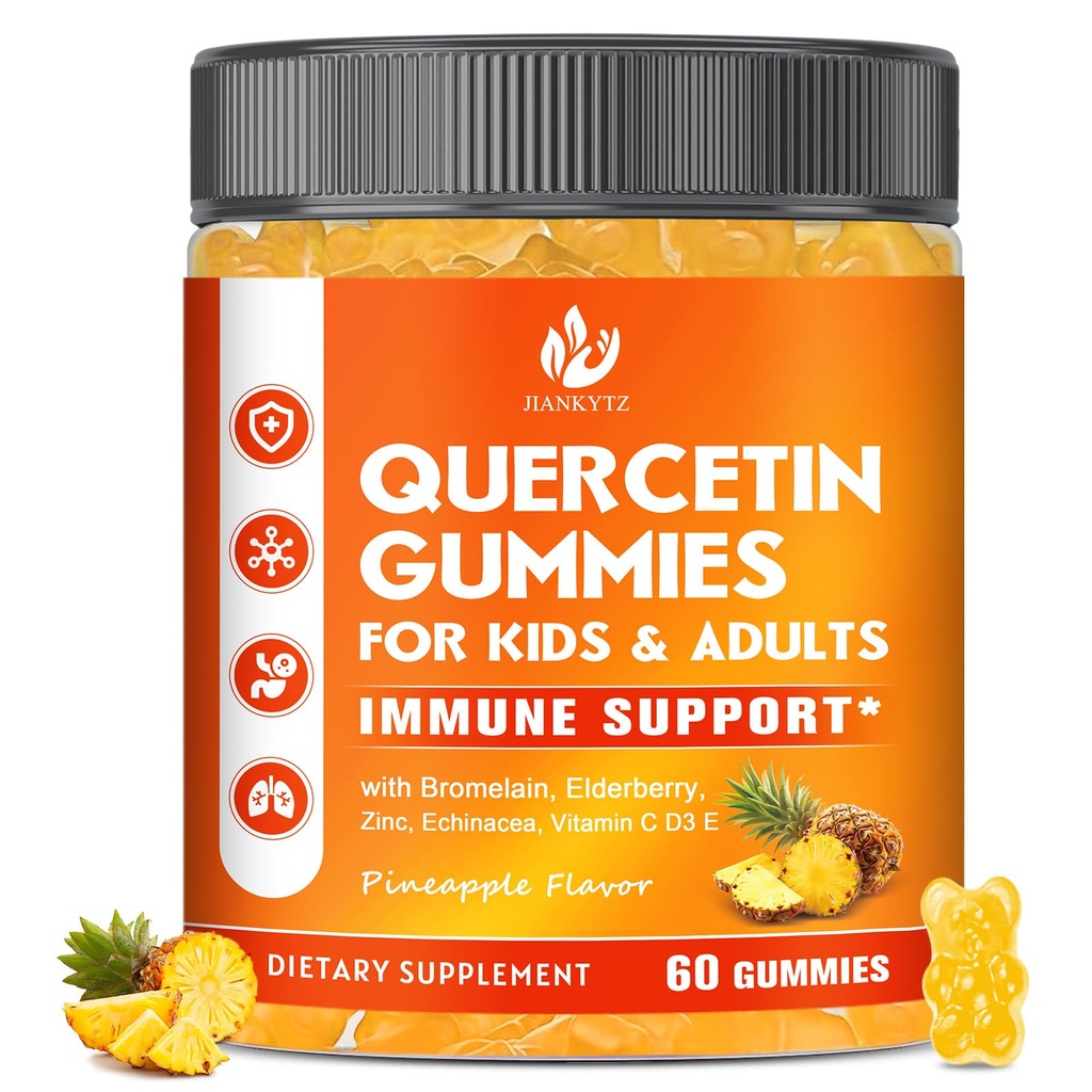 Sugar Free Quercetin with Bromelain Gummies for Kids & Adult - Immune, Antioxidant, Seasonal Support, 1000mg Quercetin Supplements with Bromelain, Zinc, Elderberry, Vitamin C D3 E, Vegan, 60 Count