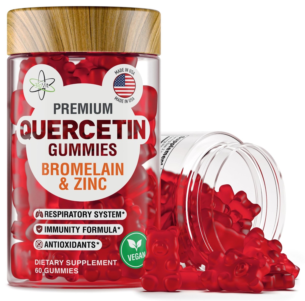 BioVit Quercetin Gummies 500MG - מופעל Quercetin עבור ילדים ומבוגרים Immune System & Allergy - Chewable with Bromelain, Zinc, ויטמין C, ויטמין C, ויטמין D3 - מיוצר בארה"ב - 60 גרניט טבעוני דובים
