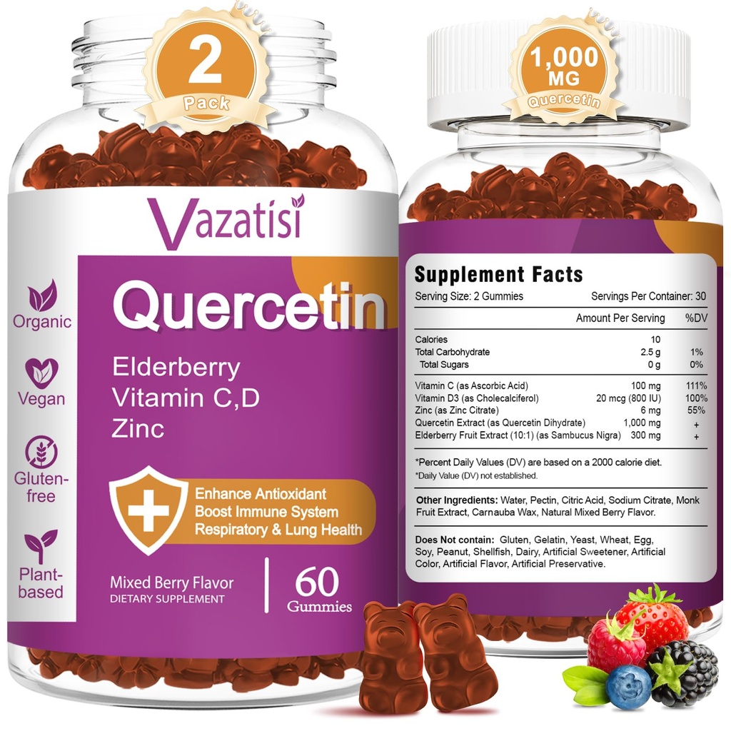 Quercetin Gummies, Quercetin עם ויטמין C Zinc, Bromelain, Elderberry ויטמין D, Immune לתמוך מבוגרים ילדים, נשים גברים 120 חניכיים Chewable