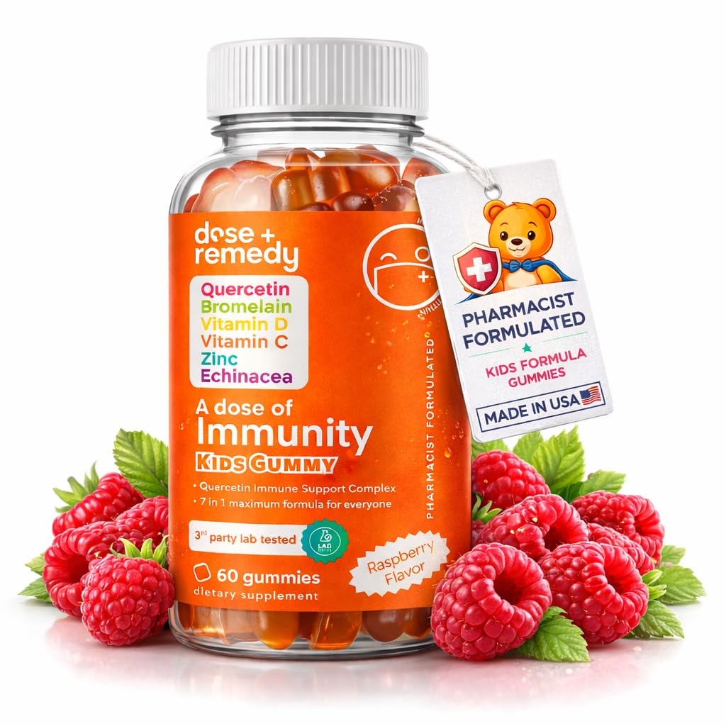 A Dose of Kids Immunity Support Gummies - Daily Immune Booster תוסף Quercetin Gummies לילדים עם ויטמין B Complex, ויטמין C, Zinc, ויטמין D, Quercetin Bromelain, Echinacea - 60 ספירה