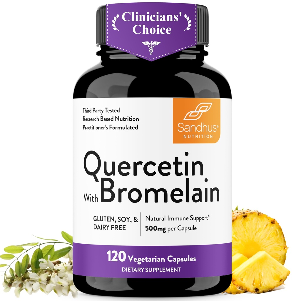 Quercetin with Bromelain Vegetarian תוספי קפסולות | 120 Count (1000mg Per משרת 2400 GDU/g) | תמיכה במערכת החיסון בריאה, מסייע עם תמיכה אלרגיה עונתית