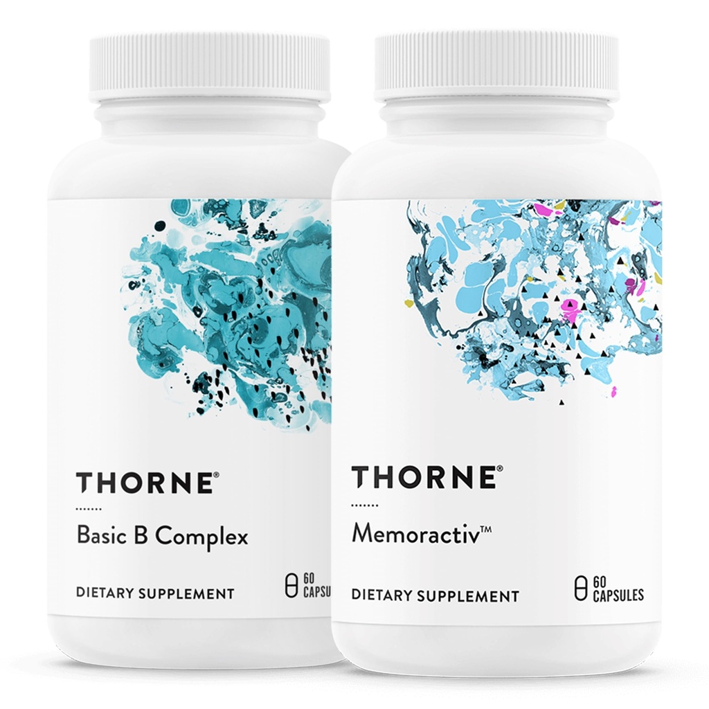 THORNE - Basic B Complex (60 קפסולות) ו-Memoractiv (60 קפסולות) Bundle - תומך בבריאות המוח, ייצור אנרגיה סלולרי & Focus - Gluten Free, Milk Free