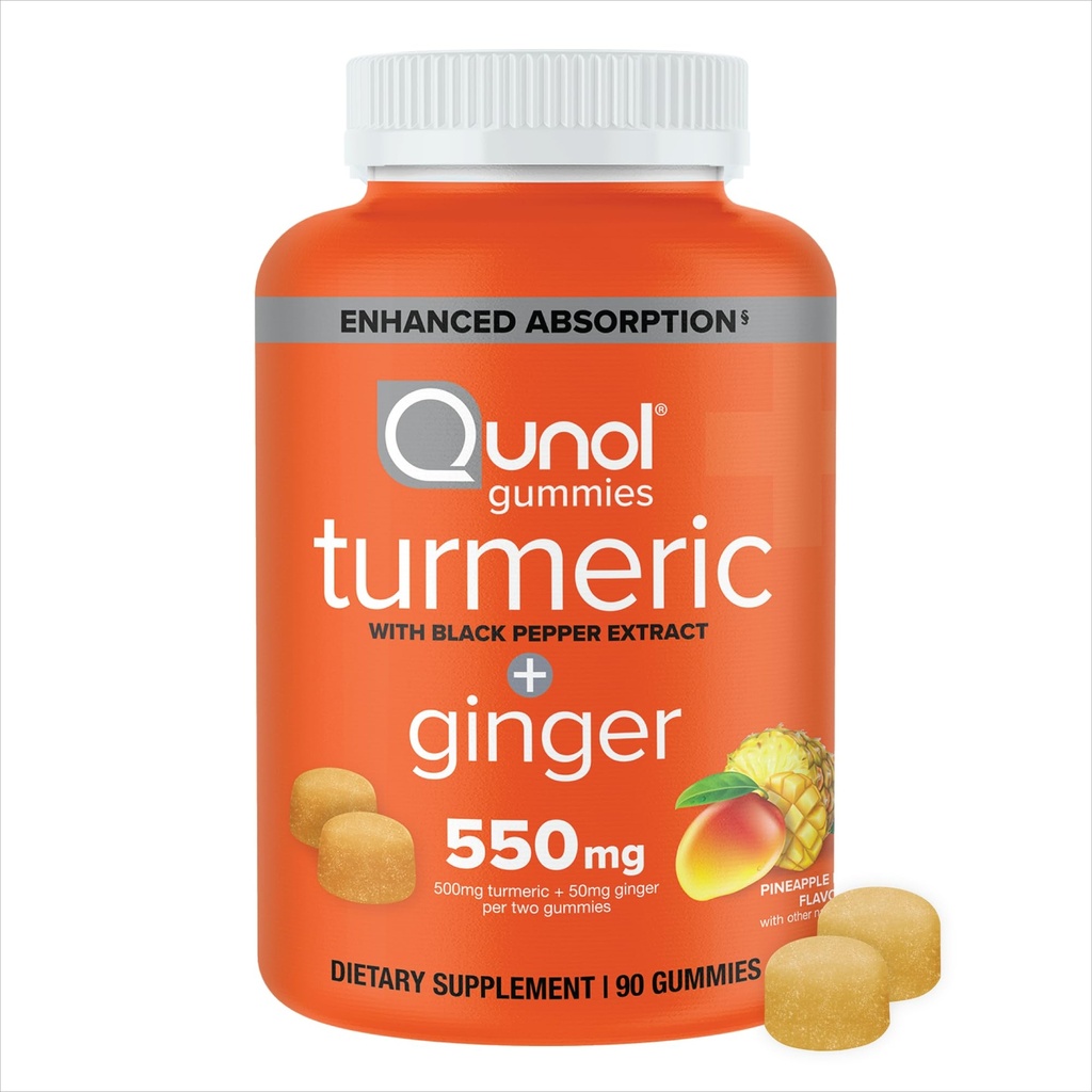 Qunol Turmeric וג'ינג'ר עם Black Pepper Gummies, תוסף Turmeric Curcumin, Joint Health Support Gummy, 90ct Gummies