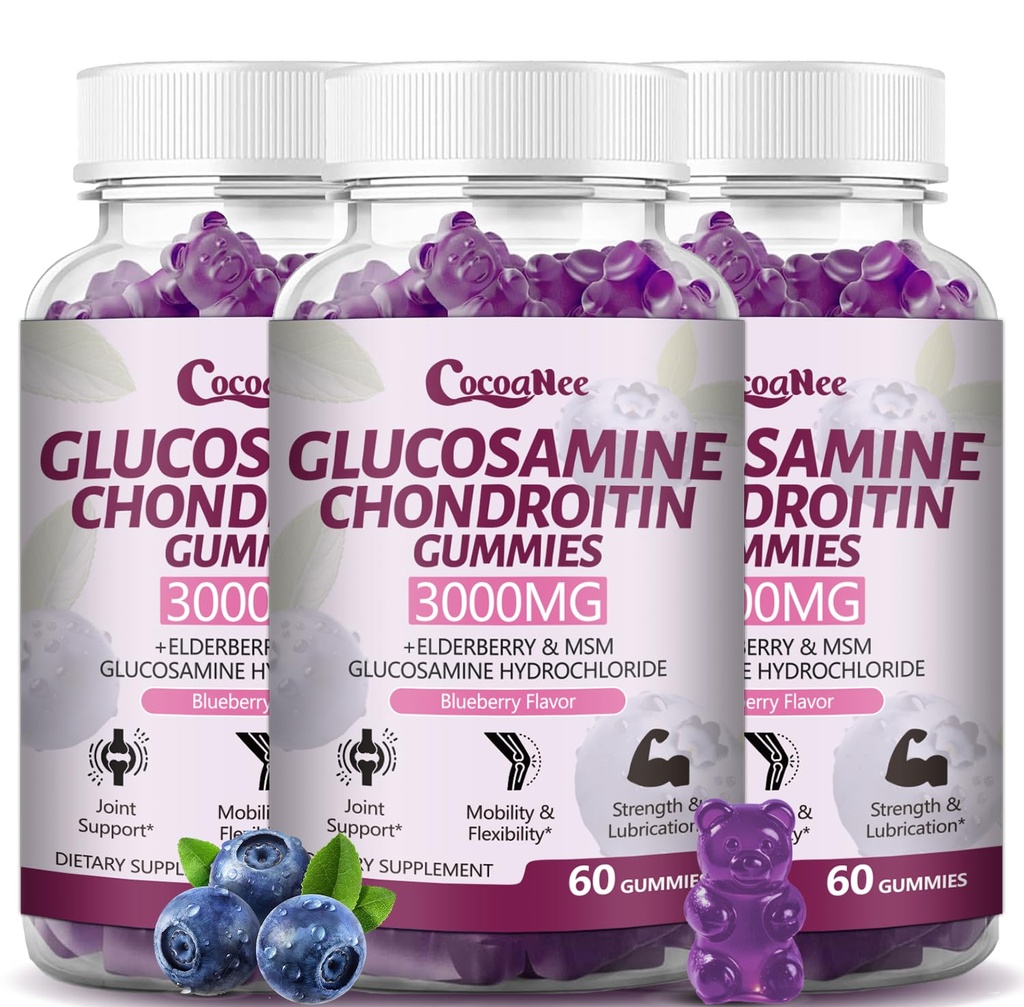 3 Packs 3000MG Glucosamine Chondroitin Gummies, תוספת תמיכה משותפת עם MSM & Elderberry, גמישות, Antioxidant Immidant תמיכה חניכיים למבוגרים, גברים ונשים 180Cts
