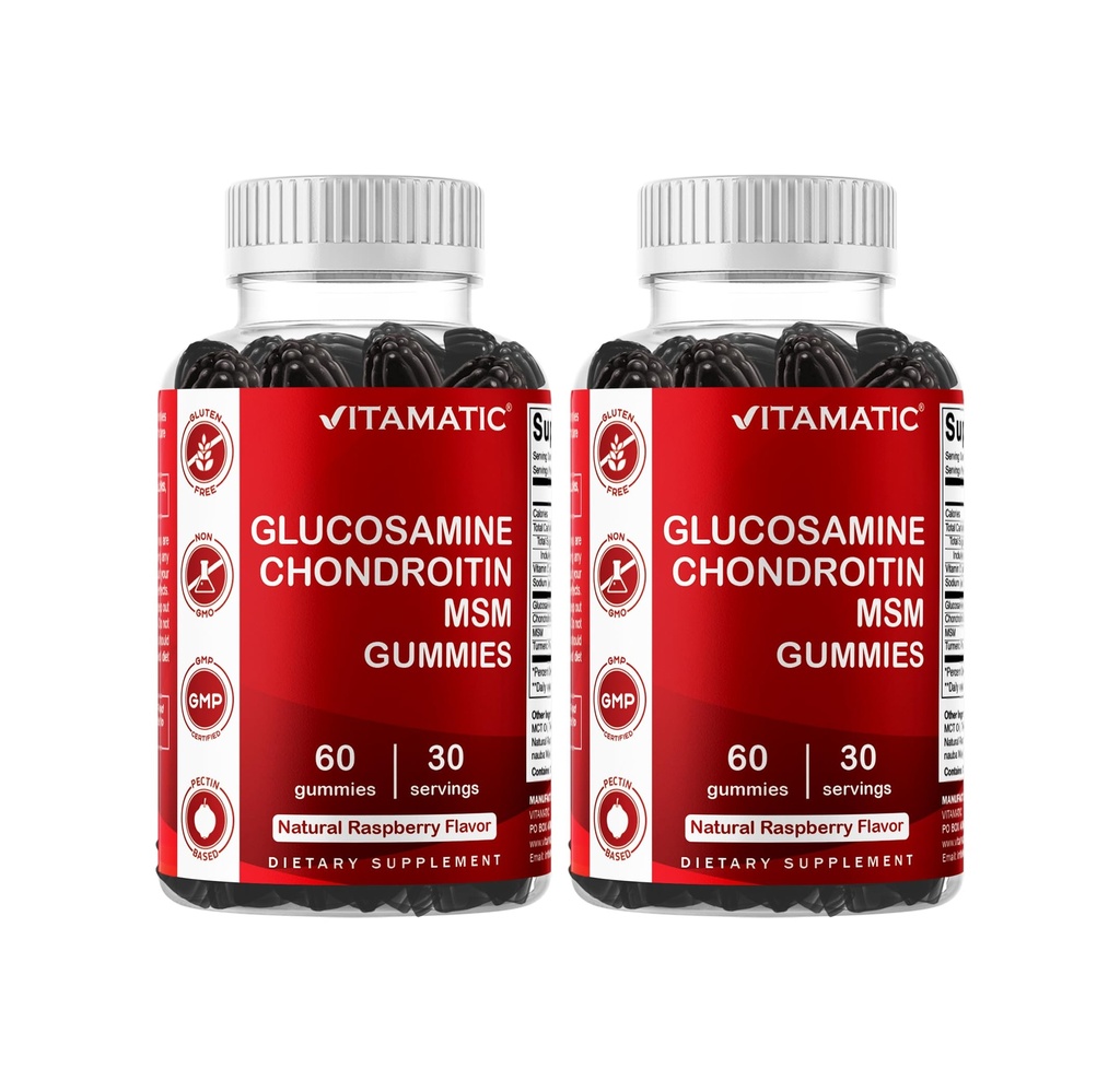 Vitamatic Glucosamine Chondroitin Gummies עם MSM & ויטמין E - תמיכה משותפת - 60 חניכיים המבוססות על Pectin בקבוק - חבילה של 2 ( Total 120 Count)