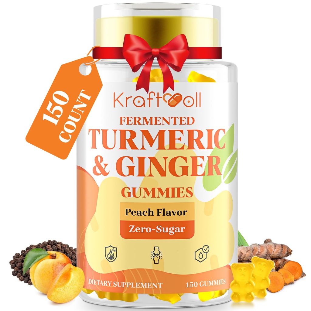 5 חודשים לספק Turmeric וג'ינג'ר חניכיים עם שחור פפר, טרף Turmeric עבור נוחות משותפת ניידות, סוכר חינם עם ויטמין D3 + K2, טבעי Peach Flavor - 150 חניכיים