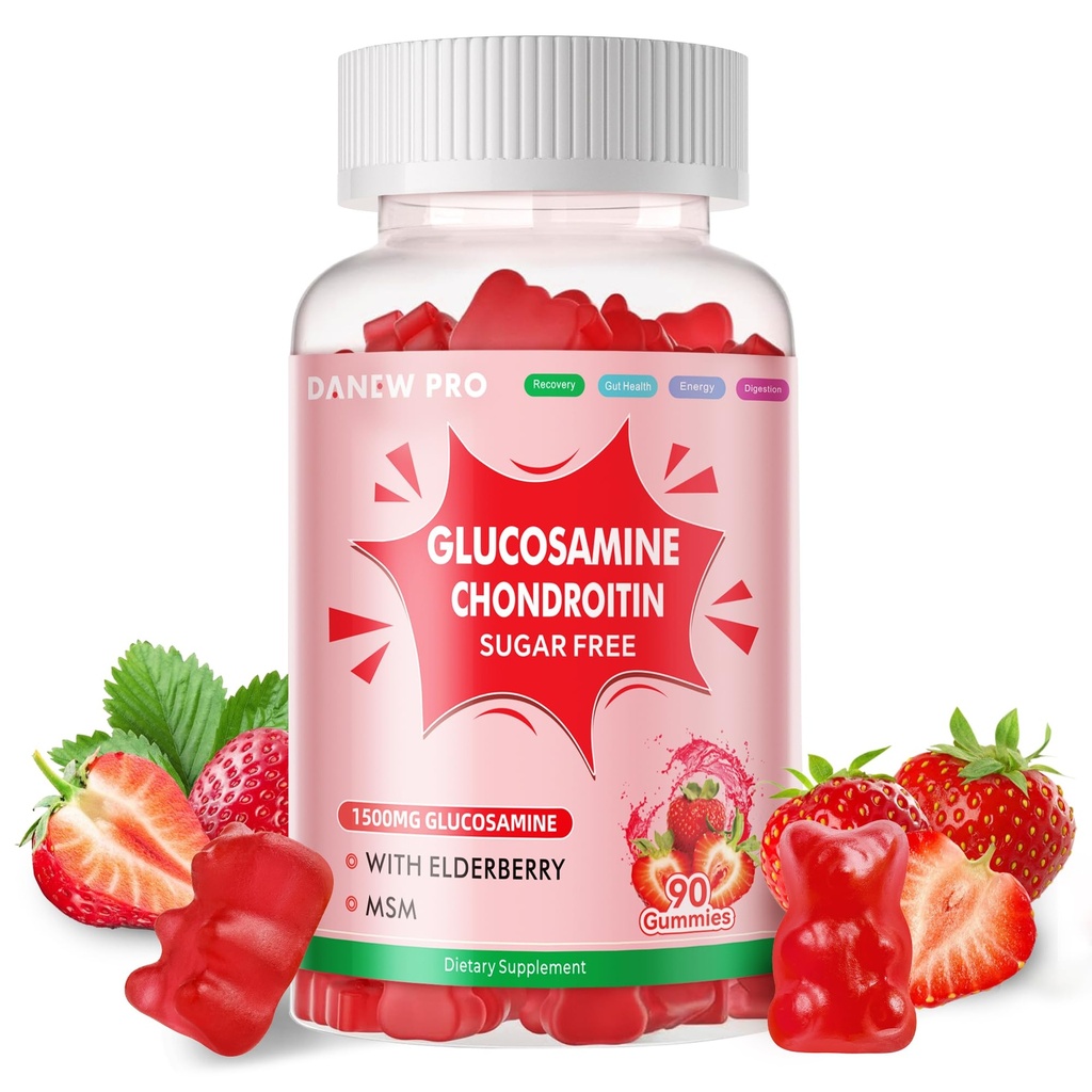 DANEW Pro Glucosamine Chondroitin Gummies עם MSM & Elderberry תוספת כוח - תמיכה משותפת, תמיכה אנטי-חמצן תמיכה עבור מבוגרים, גברים ונשים.90 Strawberry חניכיים