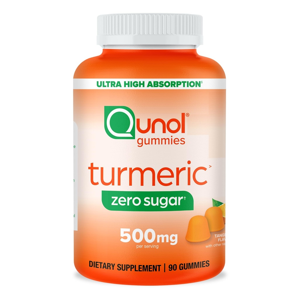 Qunol Zero Sugar Turmeric Gummies, מסטיק עם 500 מ"ג Turmeric Curcumin, תוסף תמיכה משותף, Ultra High Absorption Turmeric Curcumin, Vegetarian, Gluten Free, 90 Count