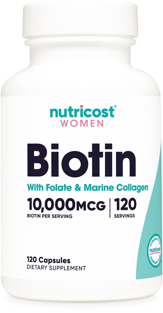 חומרים מזינים ביוטין לנשים 10,000mcg 120 קפסולות - עם Folate & Collagen, Gluten Free & non-GMO