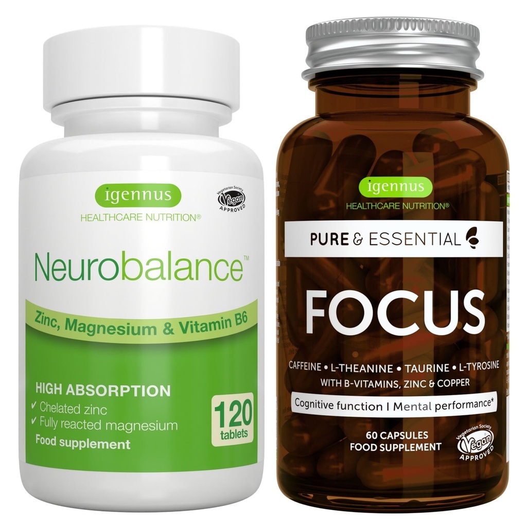 Neuroמאזן + Focus Brain Booster טבעוני Bundle, High Absorption Zinc Magnesium & B6 + Caffeine, Amino Acids & Methylated B-Vitamins, על ידי Igennusssss