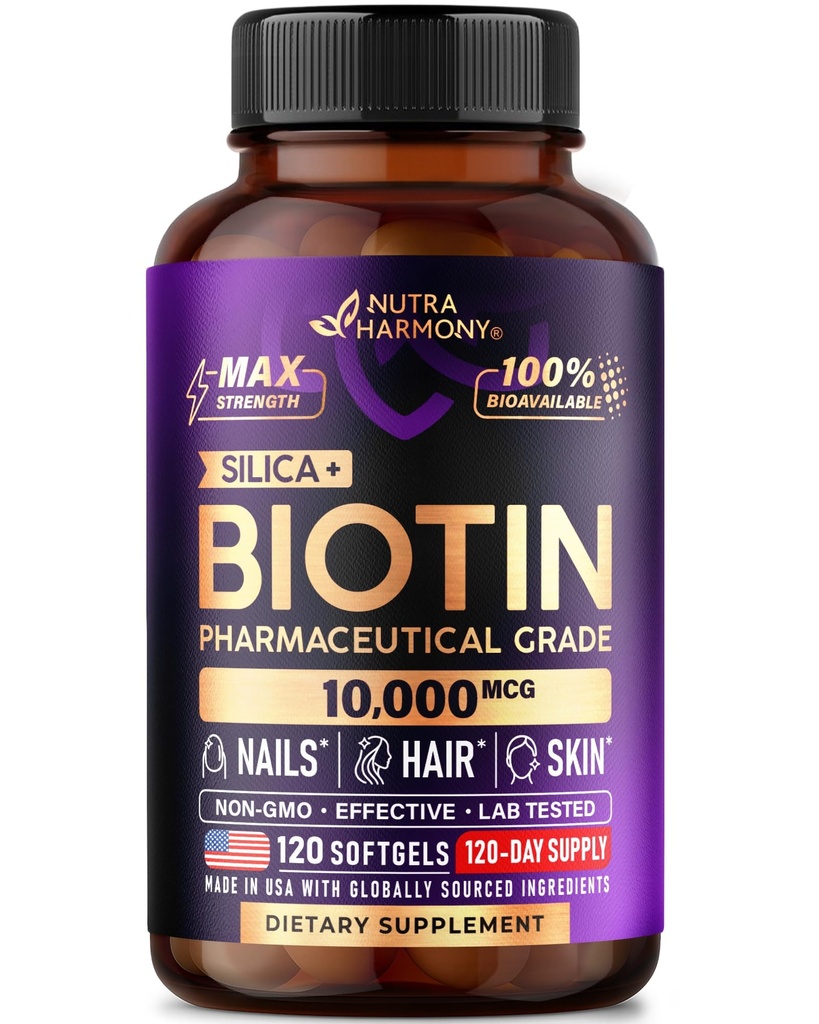 Biotin 10000mcg עם סיליקון - תרופות כיתה ביוטין תוספת לנשים - תמיכה בצמיחה שיער, עור וציפורים - מקס כוח ו-100% זמינות ביולוגית - המיוצר בארה"ב - 120 Softgels, 120 ימים לספק