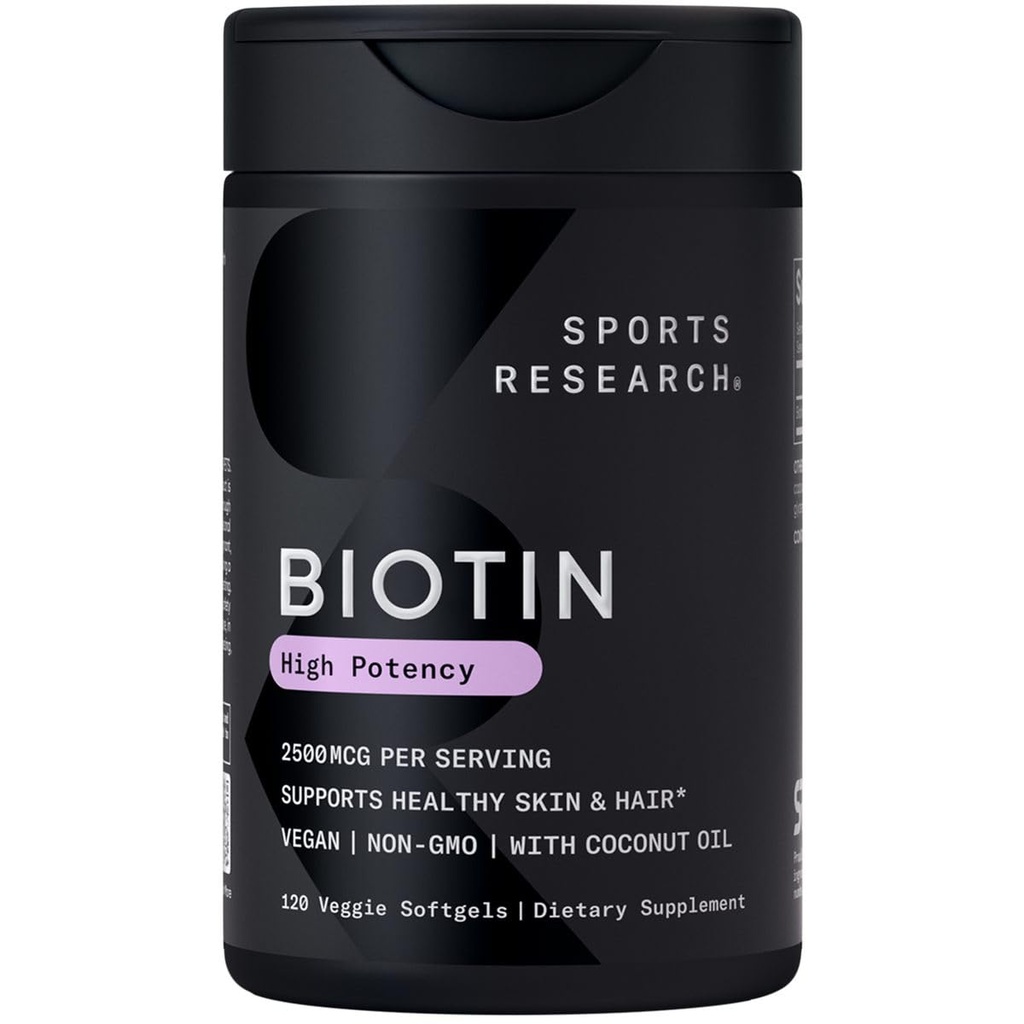 מחקר ספורט ® Biotin 2,500mcg עם שמן קוקוס אורגני - ביוטין (Vitamin B7) עבור עור בריא ותמיכה שיער * עבור נשים וגברים - טבעוני, non-GMO, Gluten & Soy-Free - 120 Veggie Softgels