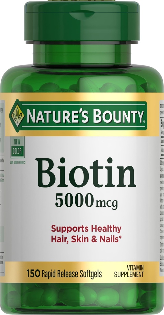 Nature's Bounty Biotin, תומך במטבוליזם לאנרגיה סלולרית שיער בריא, עור וציפורים, 5000 mcg, 150 Softgels