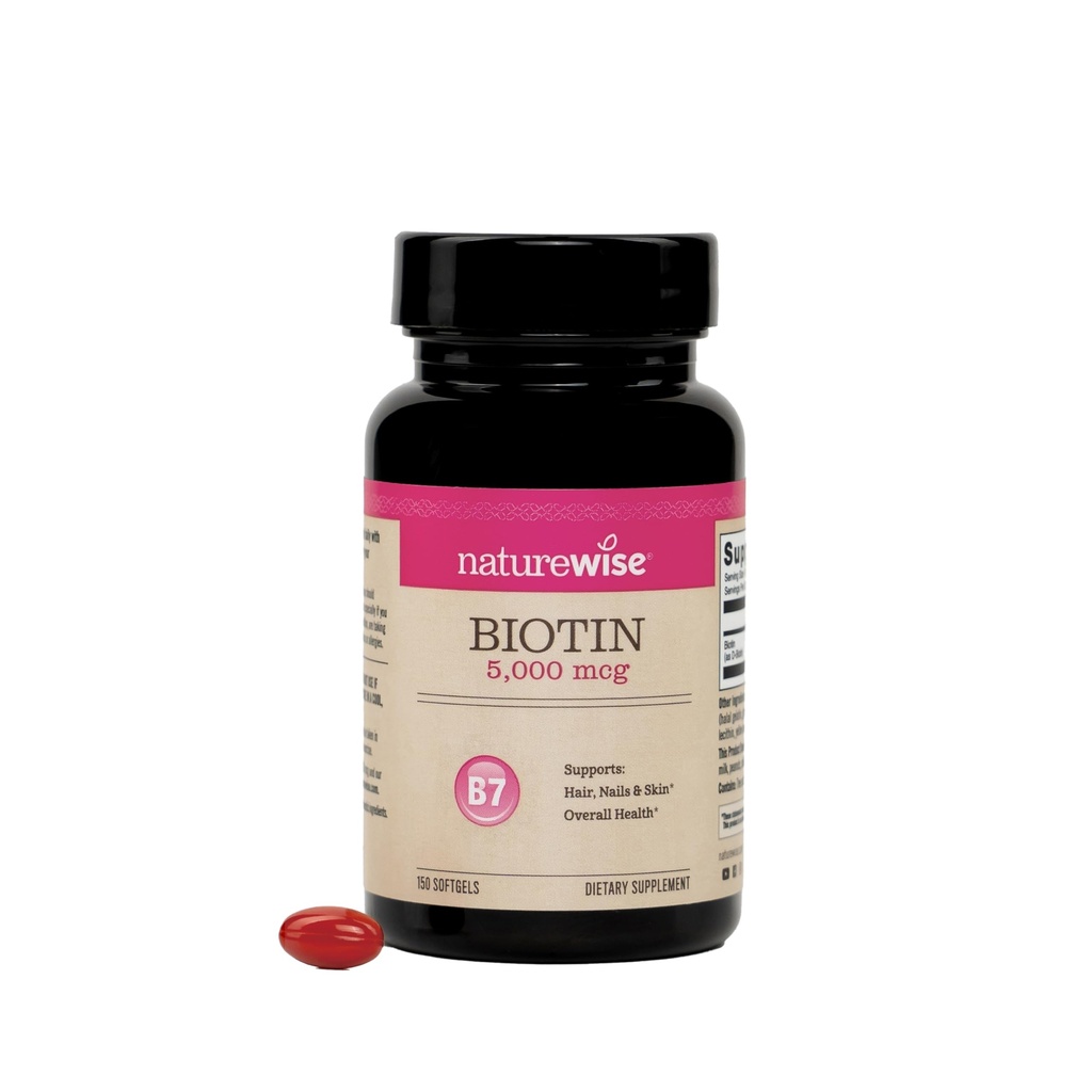 NatureWise תוספת כוח ביוטין 5,000 mcg Softgels - Biotin for Hair growth Women & Men + Skin & Nails Support - Non-GMO, USA Manufactured - 150 Softgels[150-Day Supply]